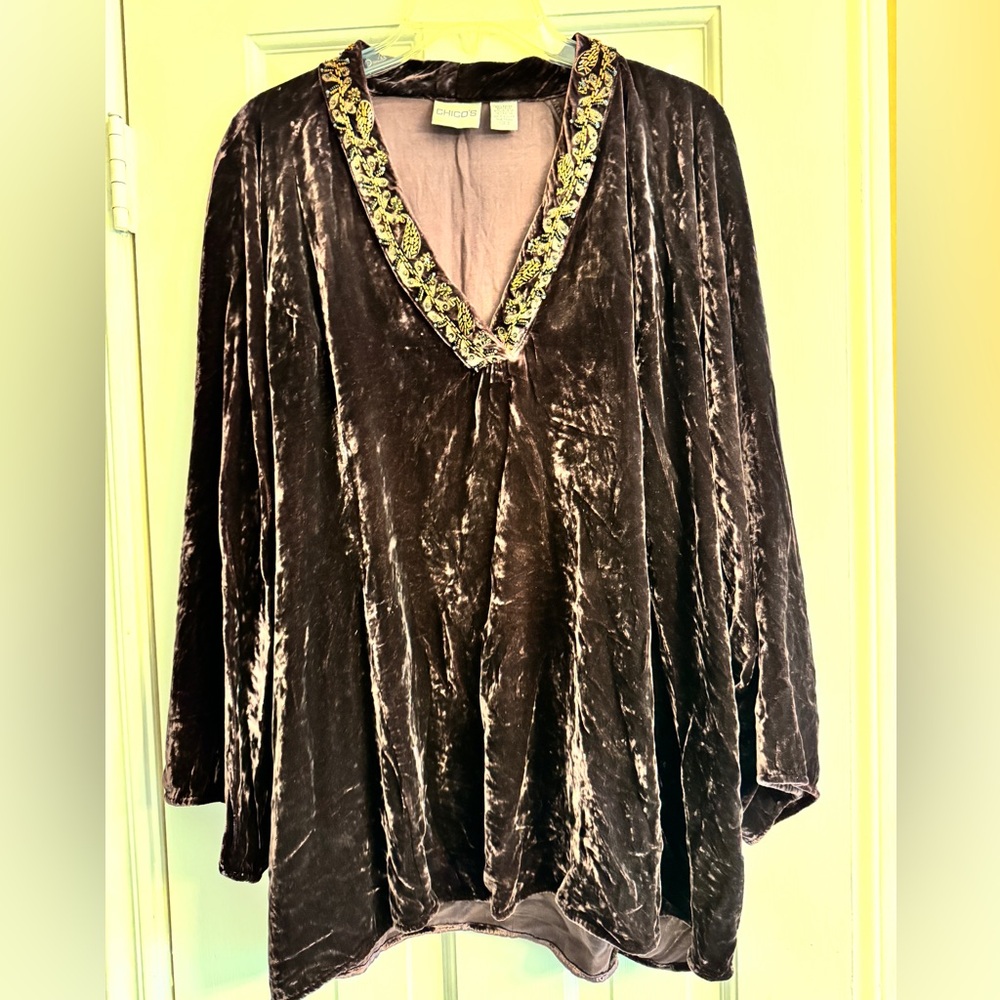 Chico's Elegant Dark violet Velvet Tunic with Embroidered Trim Sz 3